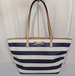 Kate Spade Navy Blue and White Striped Tan Handles Tote Bag Pristine Like New